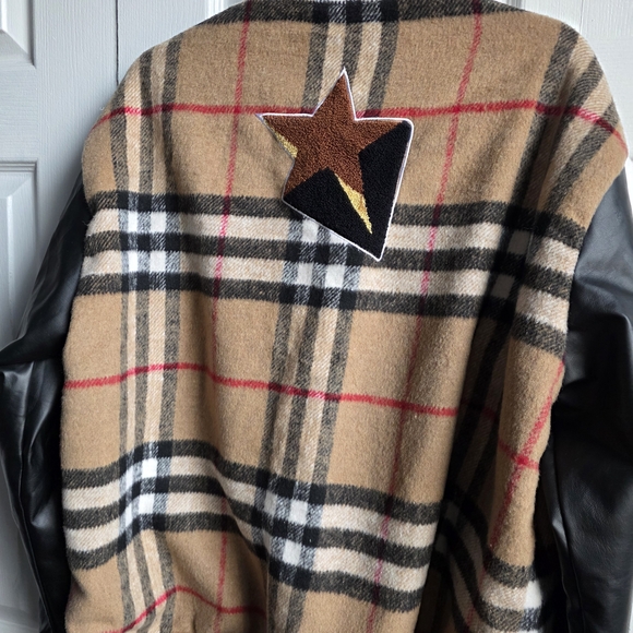 Womens Plaid Varsity Jacket with Black Sleeves - Picture 2 of 2